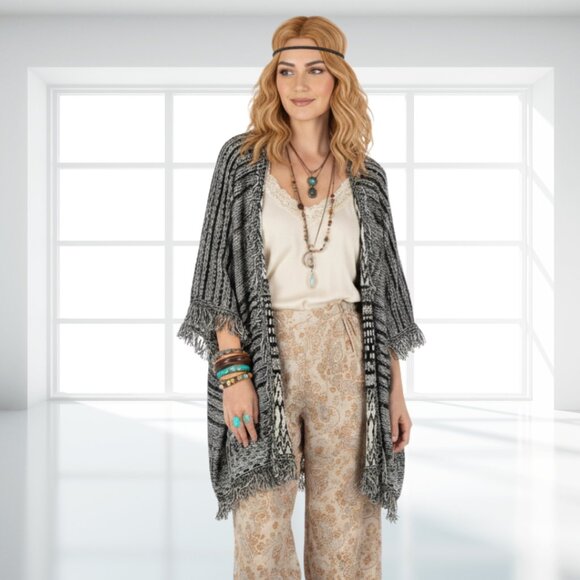 AVALIN Boho Chic Fringe Open Knit Cardigan Sweater Jacket | Black Cream Aztec Ta - Picture 1 of 7